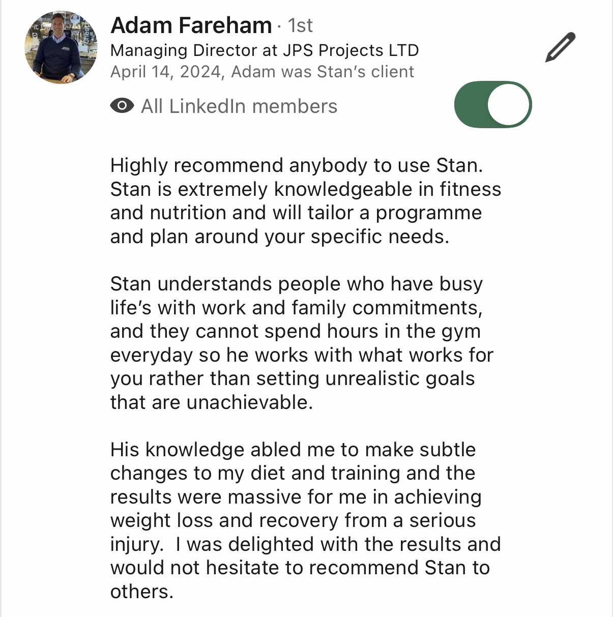 LinkedIn review from Adam Fareham